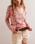 Sheer Floral Print Long Sleeve Blouse - Pink