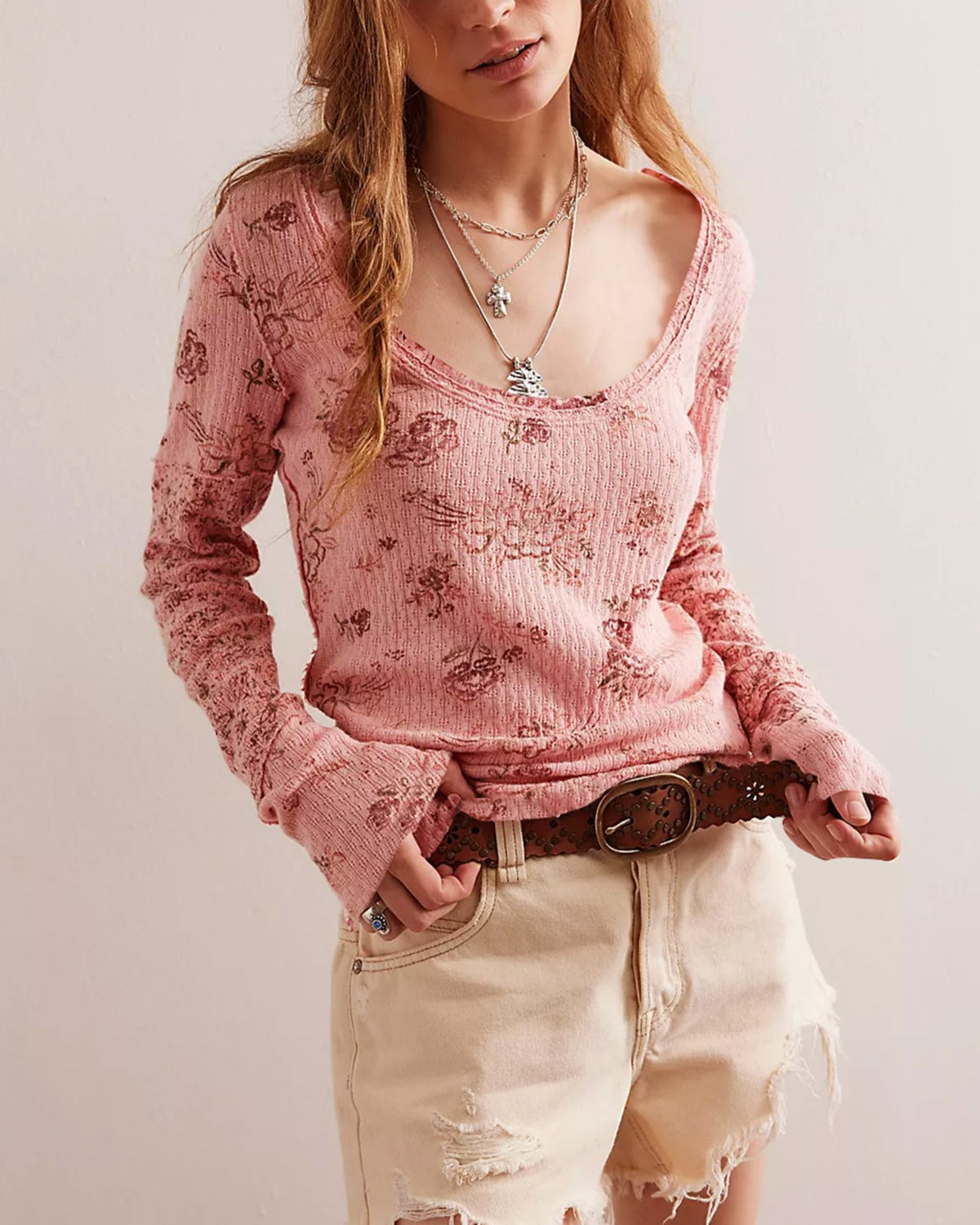 Sheer Floral Print Long Sleeve Blouse - Pink