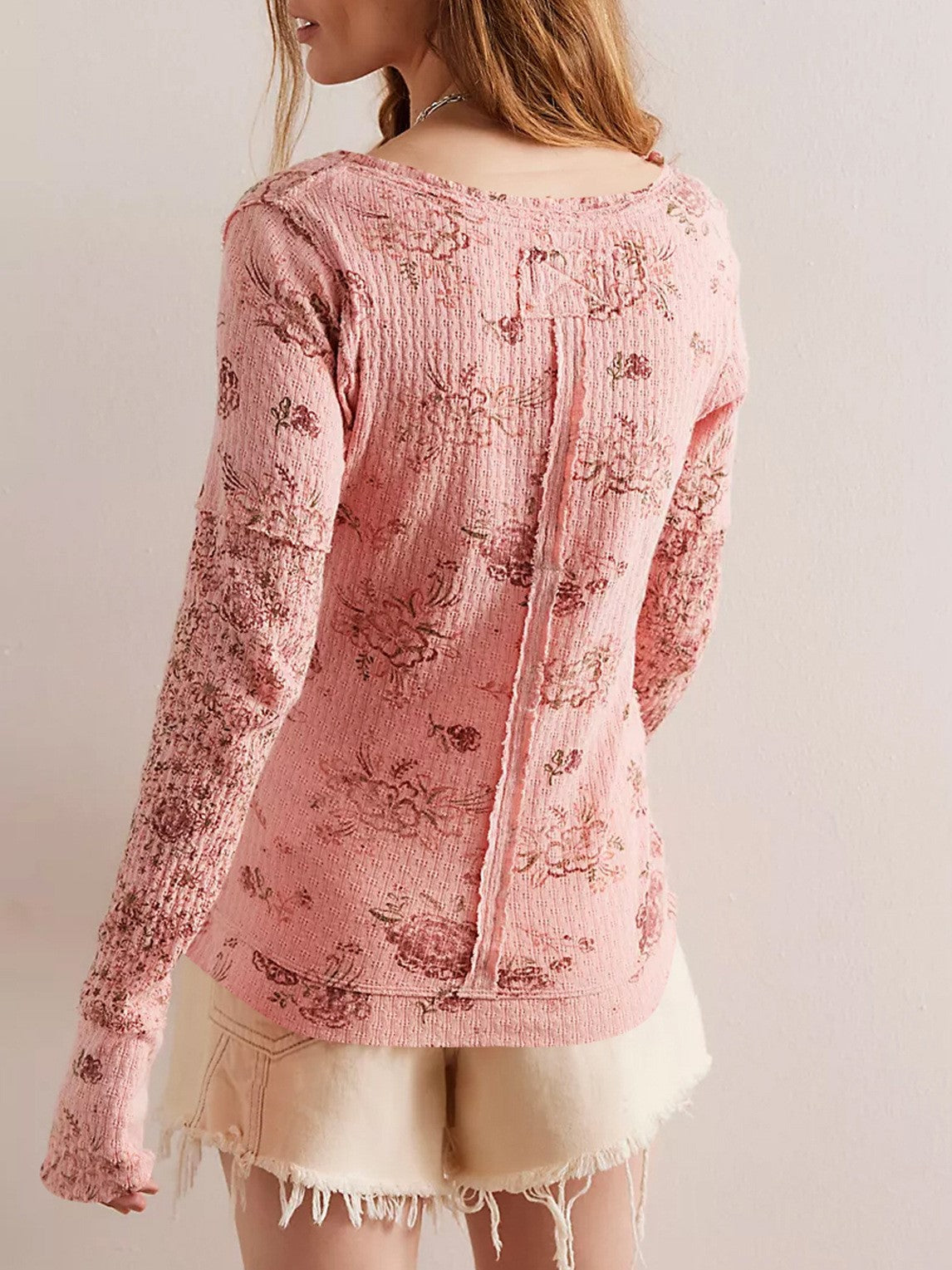 Sheer Floral Print Long Sleeve Blouse - Pink - 6