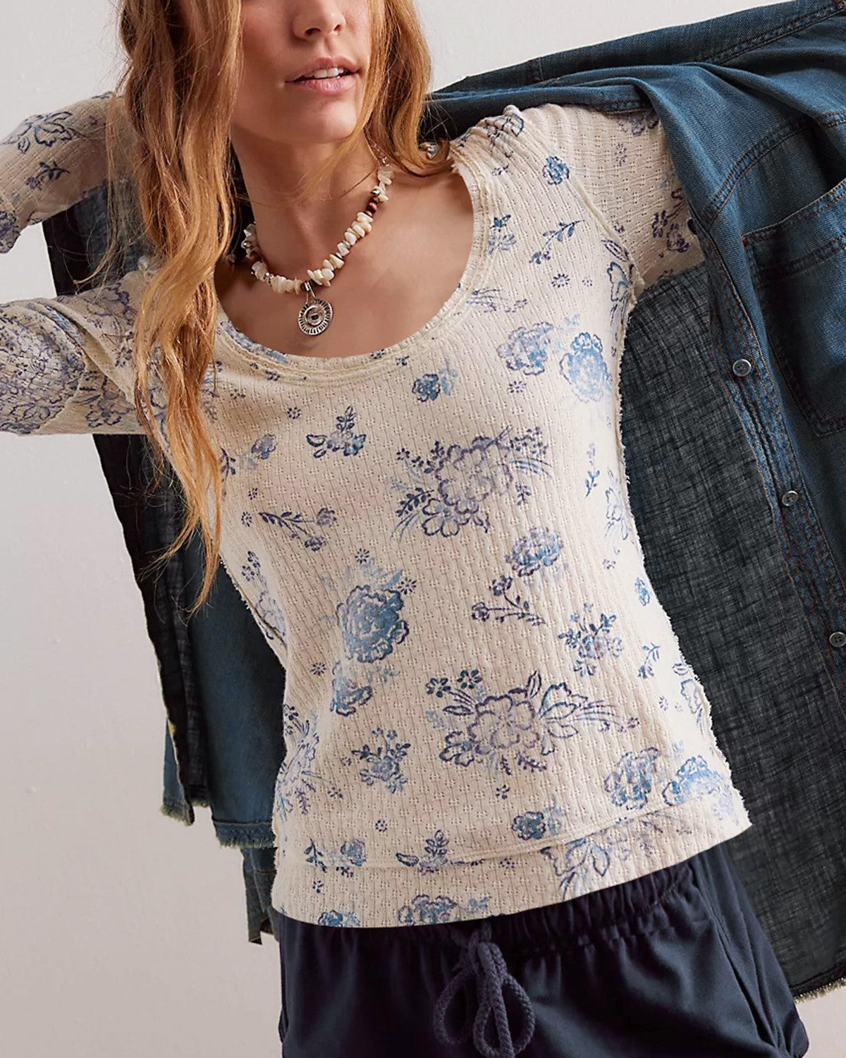 Sheer Floral Print Long Sleeve Blouse - White