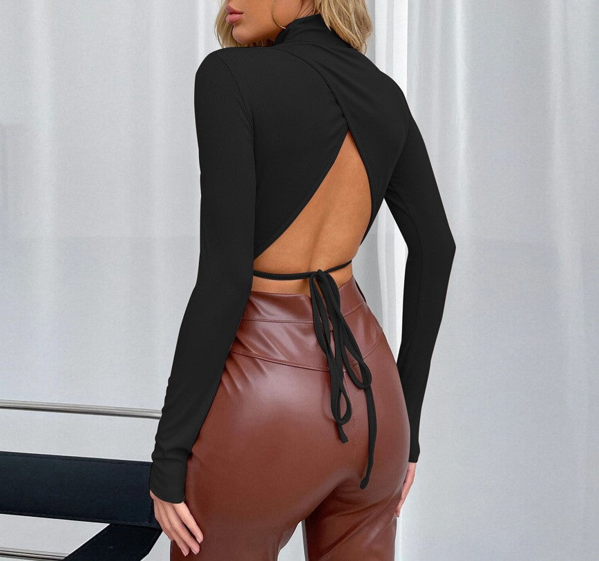 Mock Neck Open Back Long Sleeve Crop Top - Black