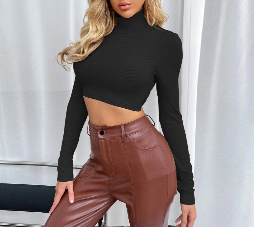 Mock Neck Open Back Long Sleeve Crop Top - Black - 3