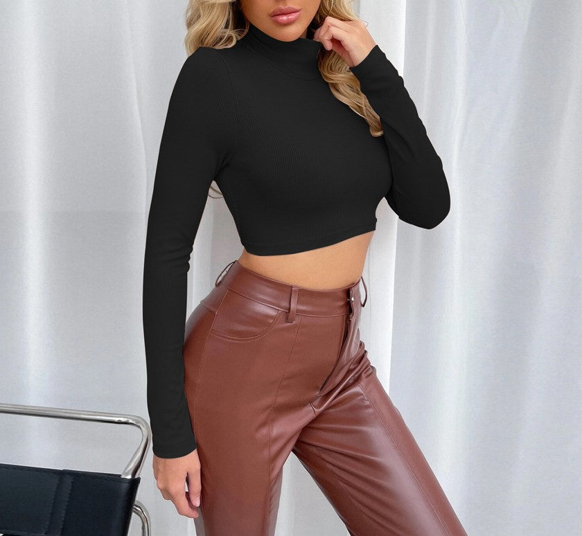 Mock Neck Open Back Long Sleeve Crop Top - Black - 4