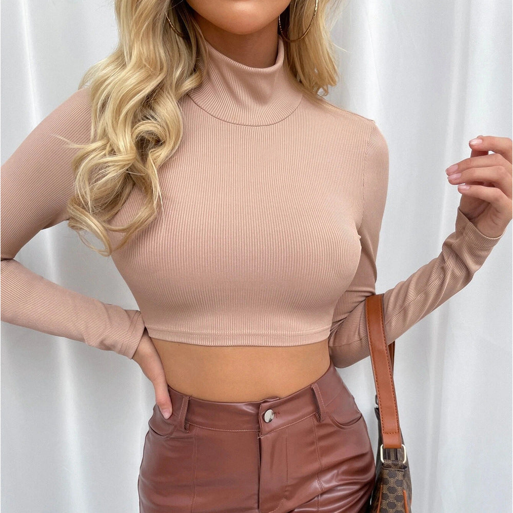 Mock Neck Open Back Long Sleeve Crop Top - Khaki - 2