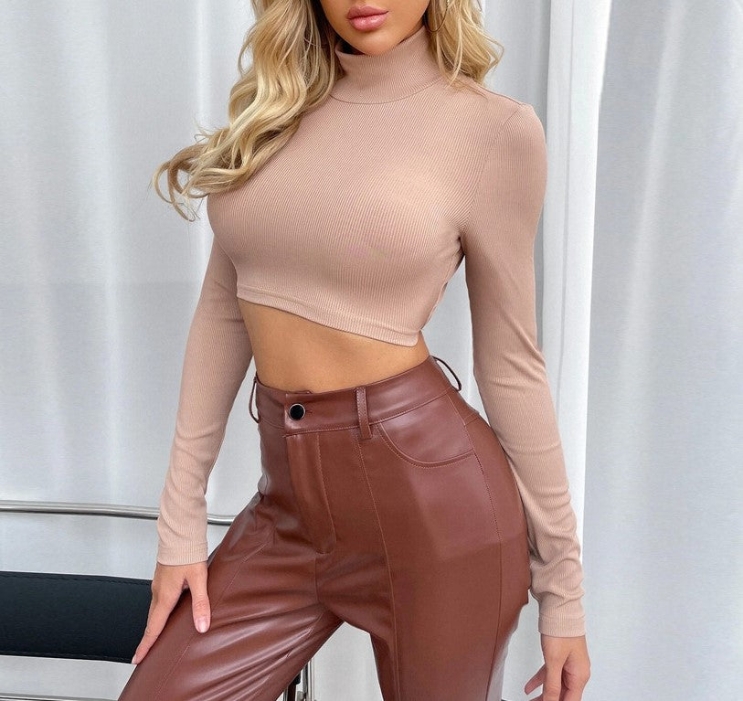 Mock Neck Open Back Long Sleeve Crop Top - Khaki - 3
