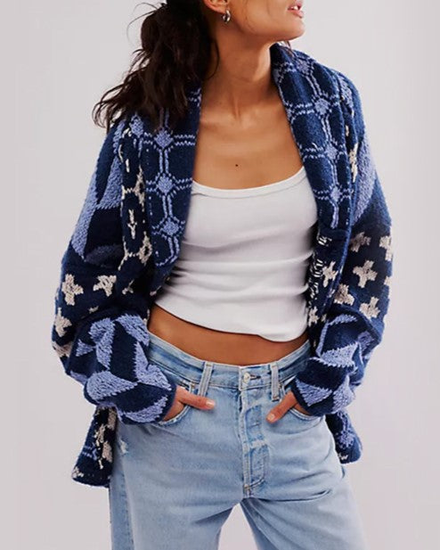 Geometric Jacquard Oversized Knit Cardigan - Blue
