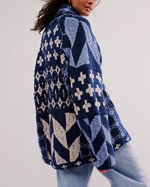 Geometric Jacquard Oversized Knit Cardigan - Blue - 1