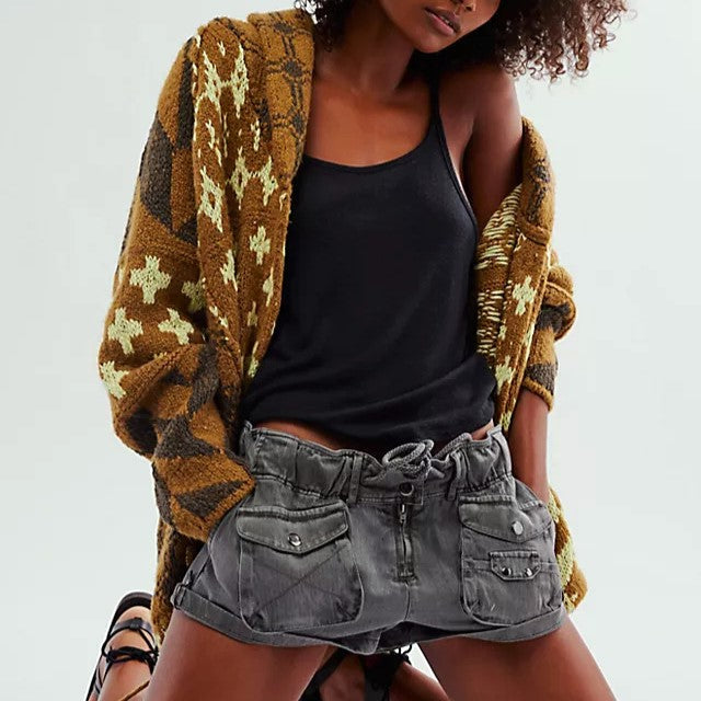 Geometric Jacquard Oversized Knit Cardigan - Ginger