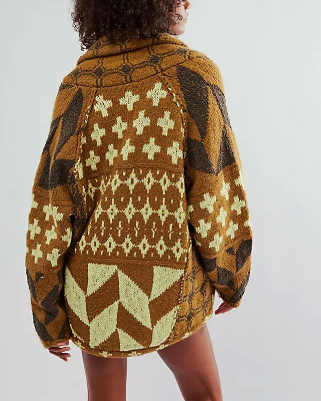 Geometric Jacquard Oversized Knit Cardigan - Ginger - 1