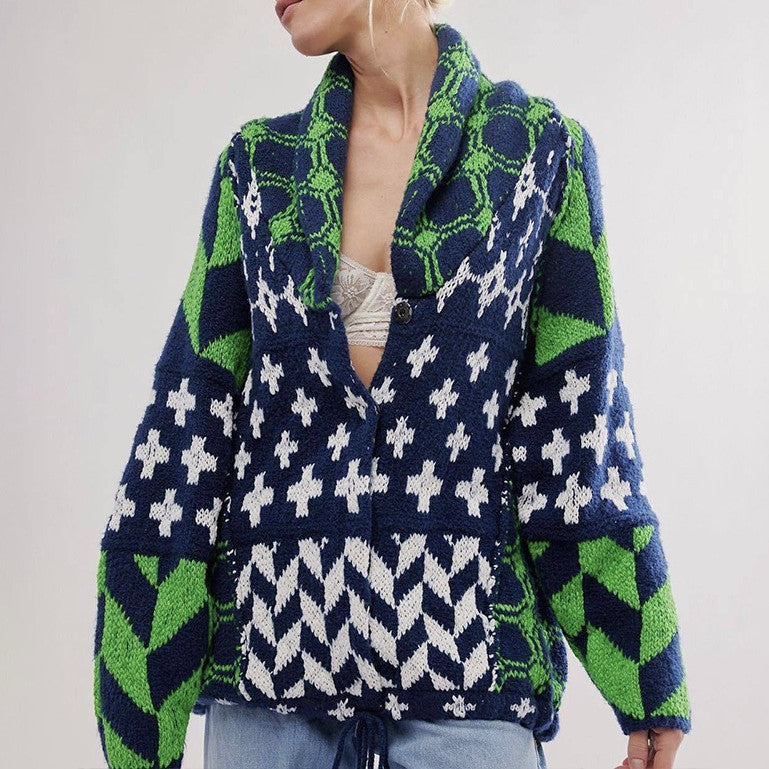 Geometric Jacquard Oversized Knit Cardigan - Green