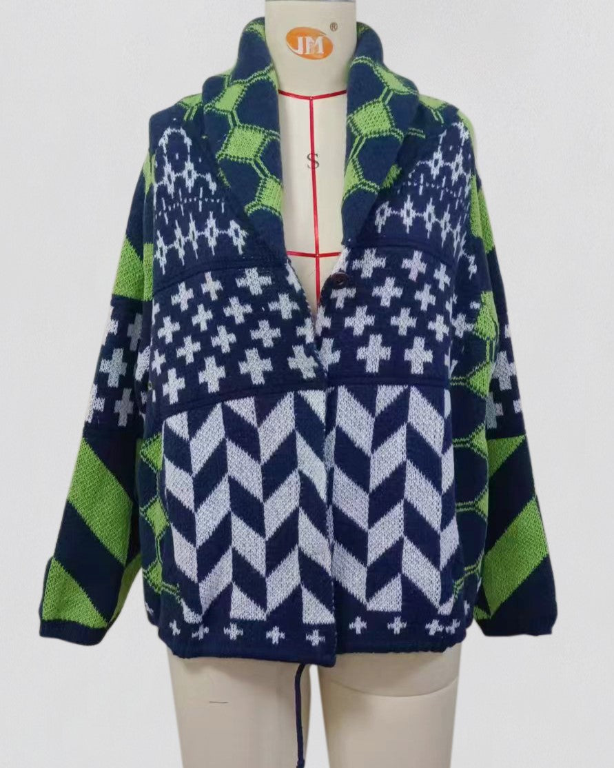 Geometric Jacquard Oversized Knit Cardigan - Green - 1