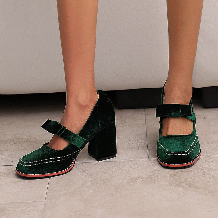 Velvet Bow Mary Jane Block Heel Pumps
