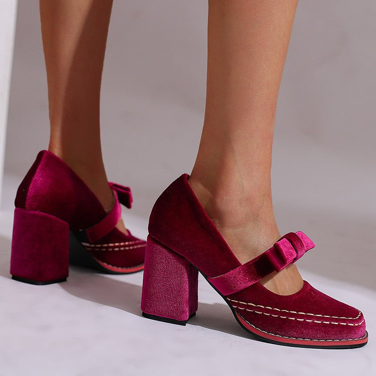 Velvet Bow Mary Jane Block Heel Pumps
