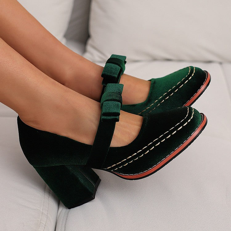 Velvet Bow Mary Jane Block Heel Pumps