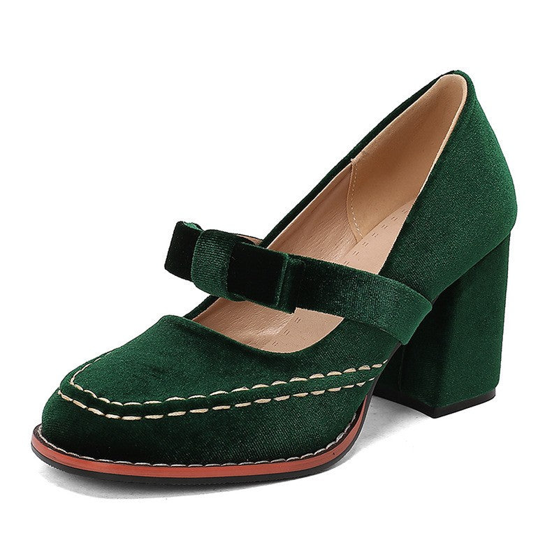 Velvet Bow Mary Jane Block Heel Pumps