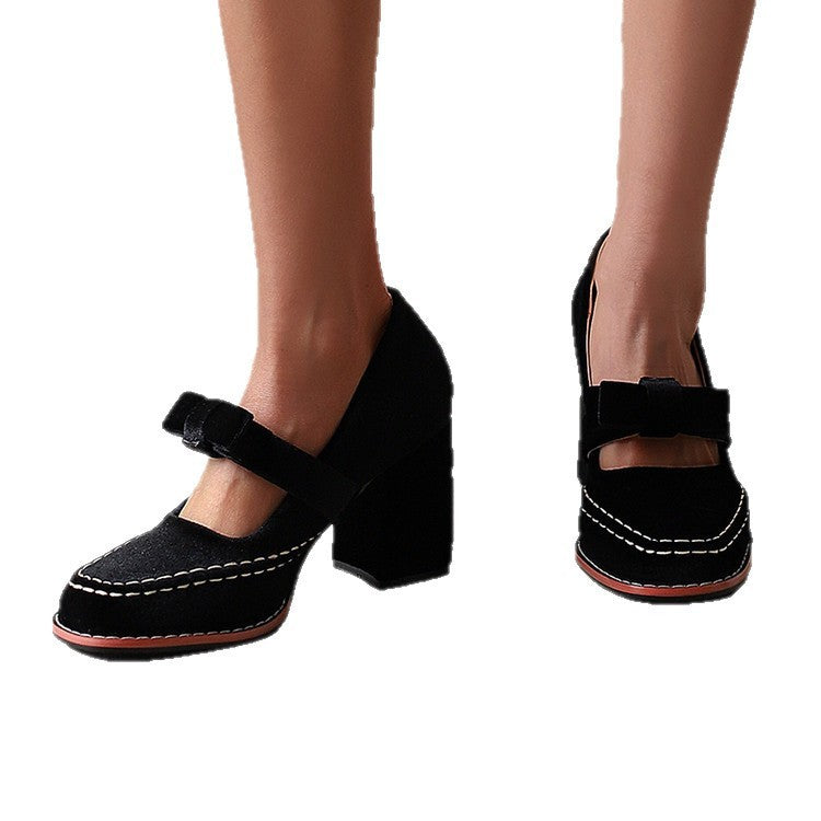 Velvet Bow Mary Jane Block Heel Pumps