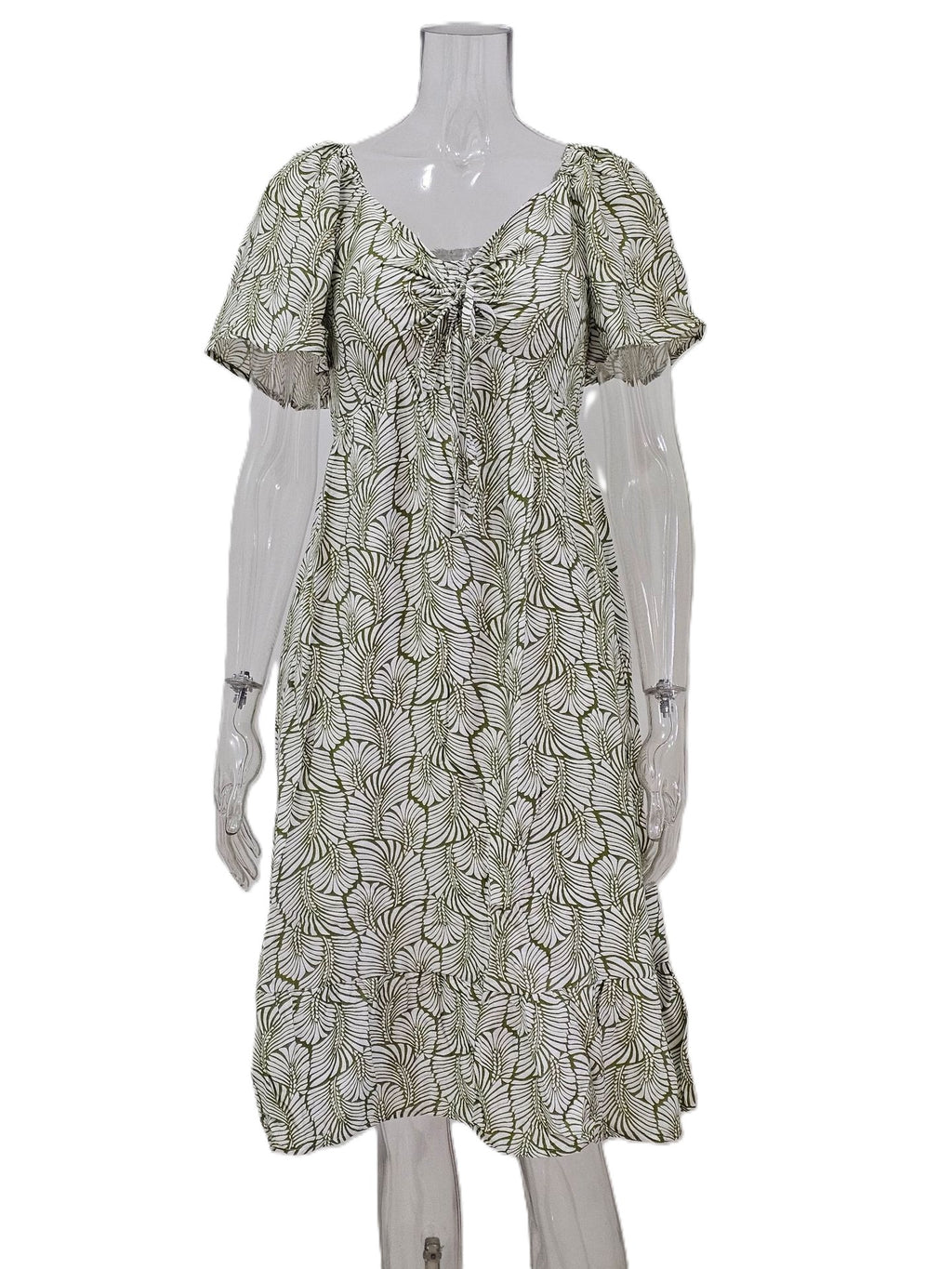 Floral Flutter Sleeve Midi Dress With Tie Front - Green