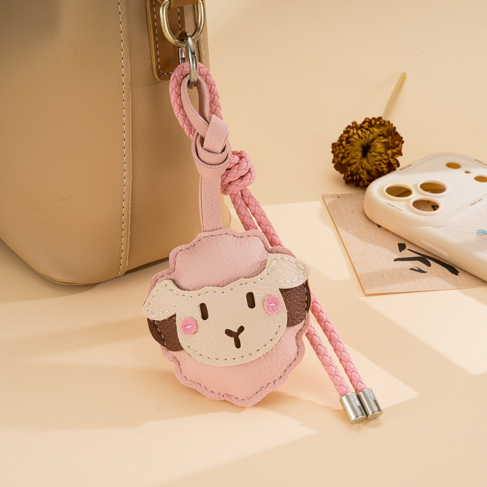Cute Lamb Face Keychain with Braided Rope Strap - Pink
