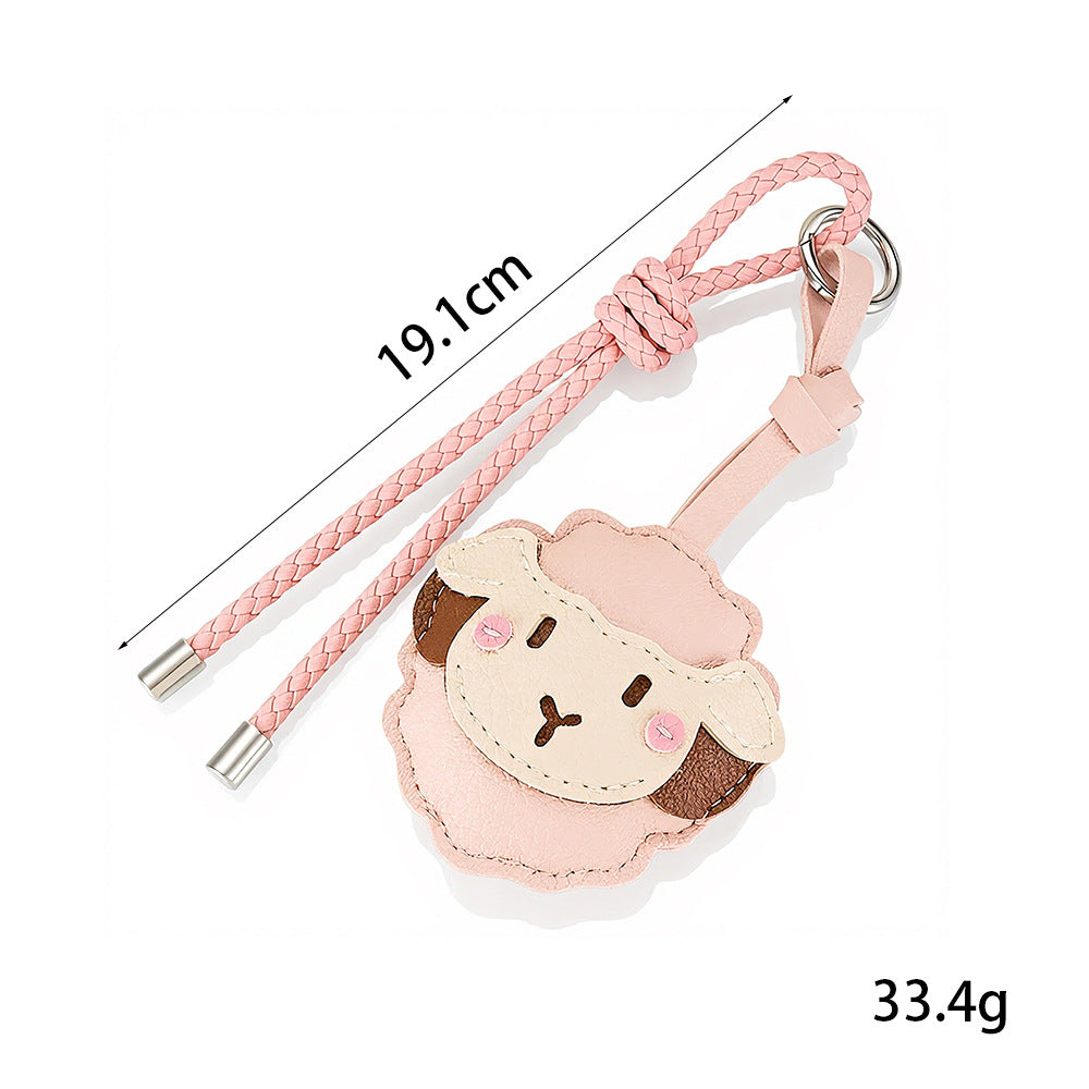 Cute Lamb Face Keychain with Braided Rope Strap - Pink - 1