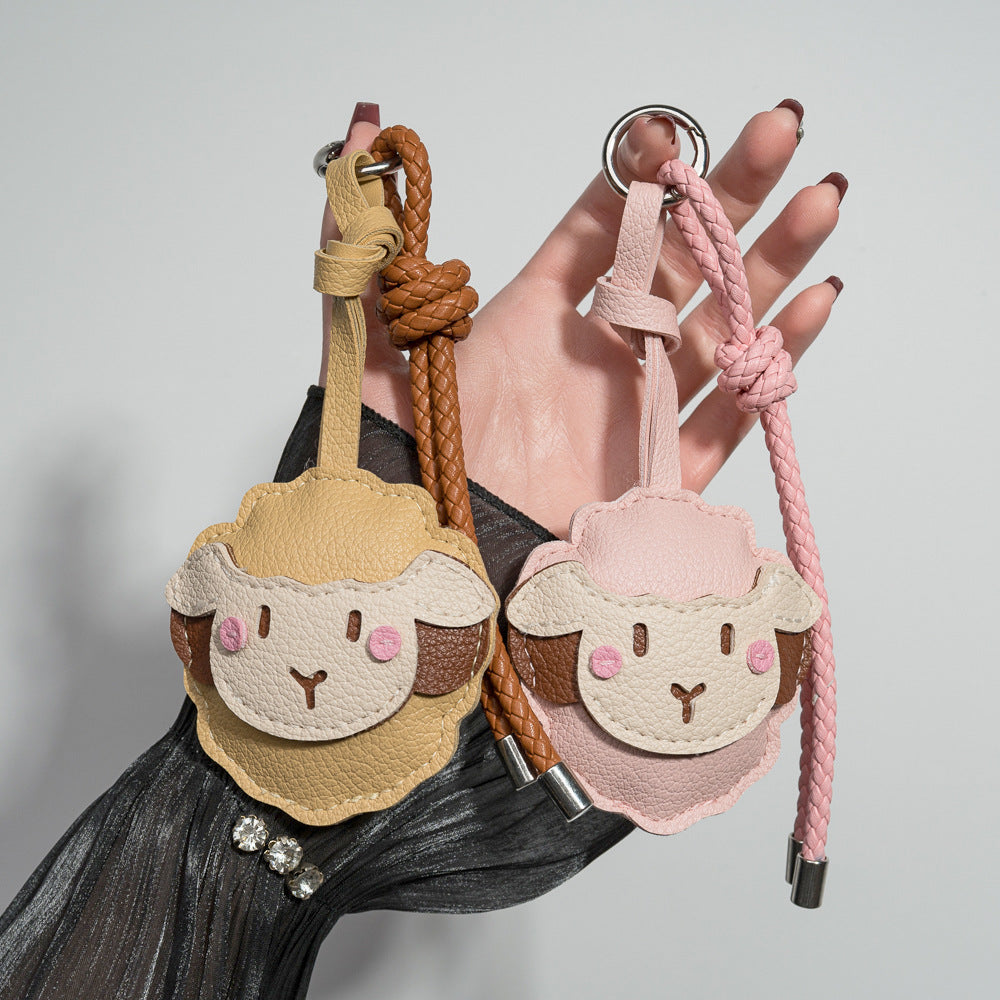 Cute Lamb Face Keychain with Braided Rope Strap - Pink - 2