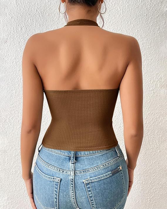 Ribbed Surplice Halter Backless Tank Top