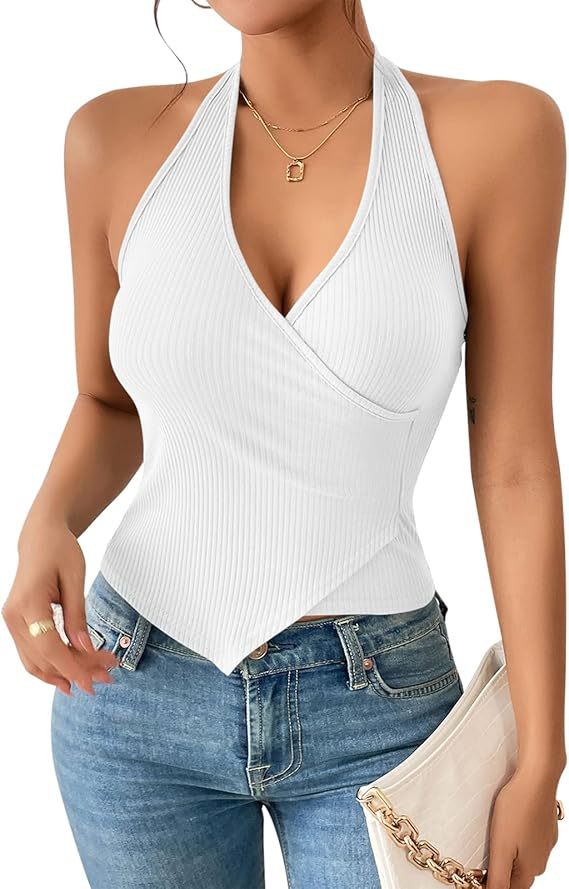 Ribbed Surplice Halter Backless Tank Top - white