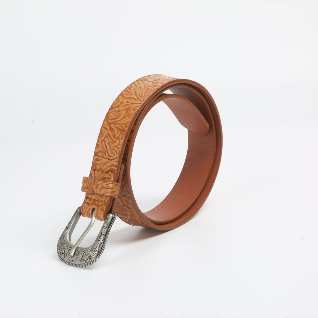 Western Tooled Floral Embossed Belt - Brown