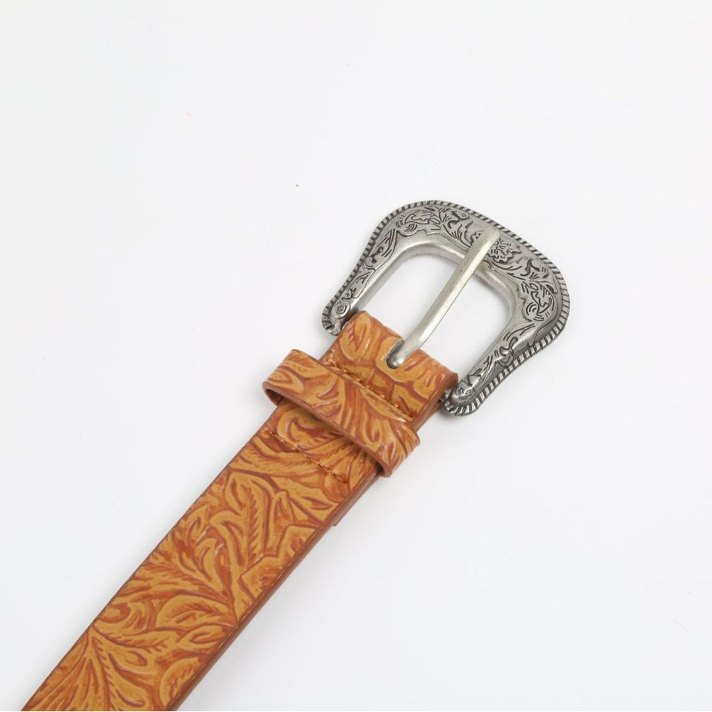 Western Tooled Floral Embossed Belt - Brown - 1