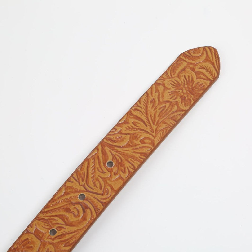 Western Tooled Floral Embossed Belt - Brown - 2