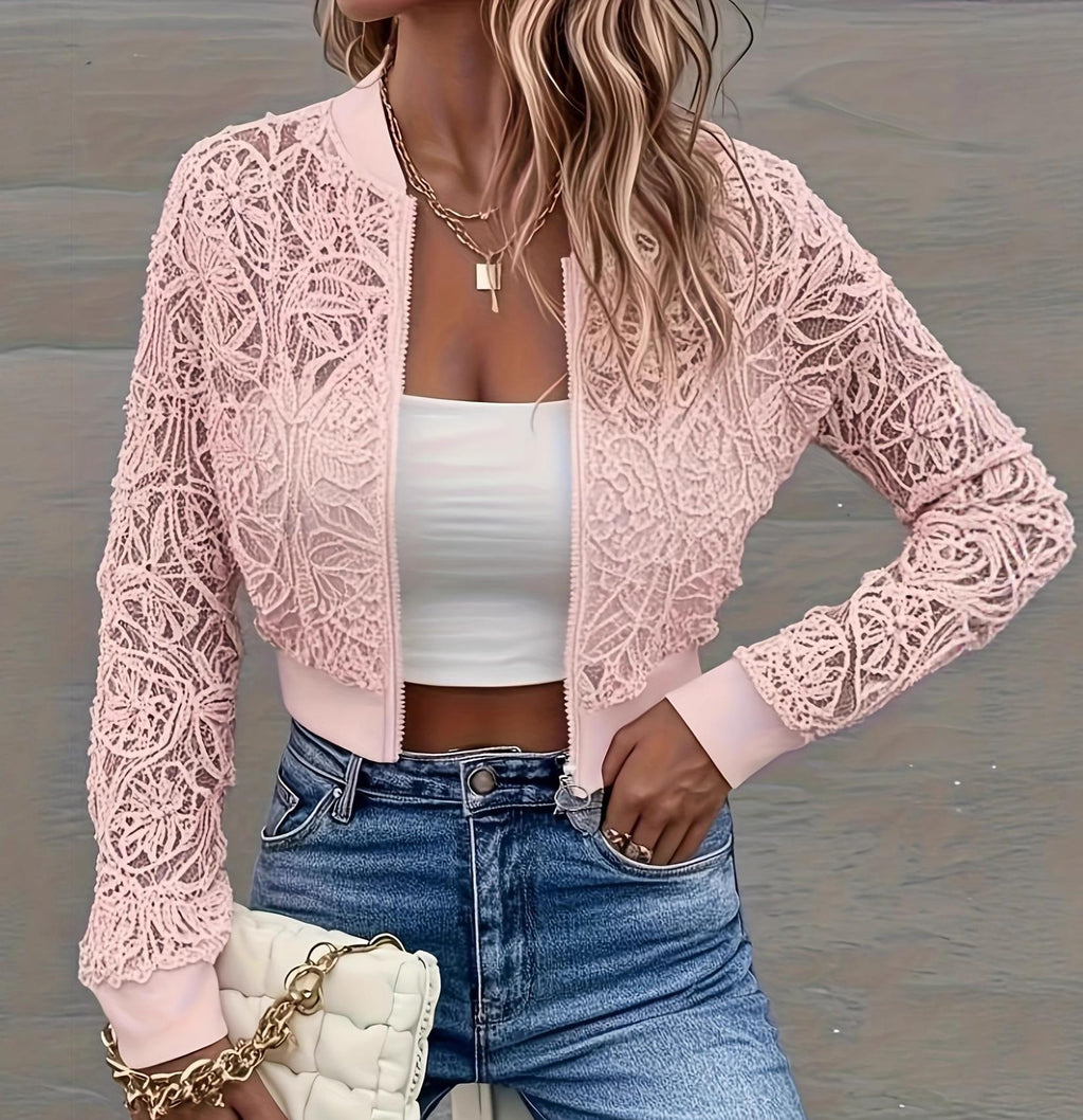 Sheer Lace Cropped Bomber Jacket - Pink