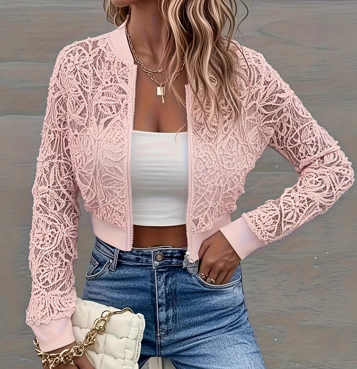 Sheer Lace Cropped Bomber Jacket - Pink
