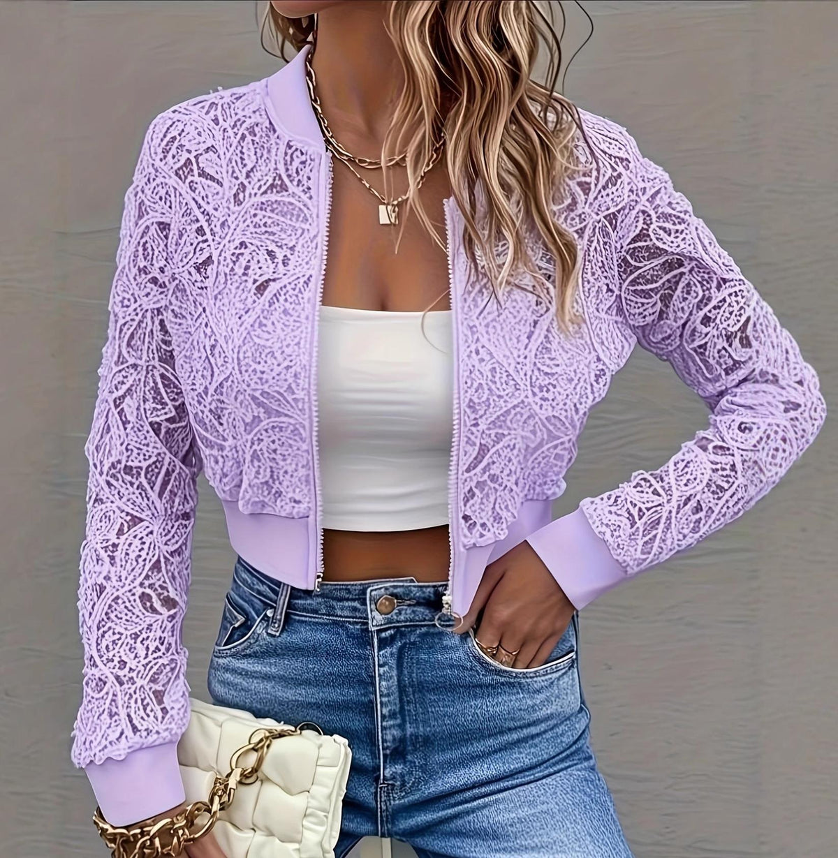 Sheer Lace Cropped Bomber Jacket - Purple