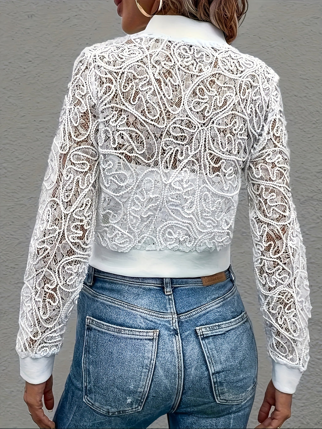 Sheer Lace Cropped Bomber Jacket - White - 1