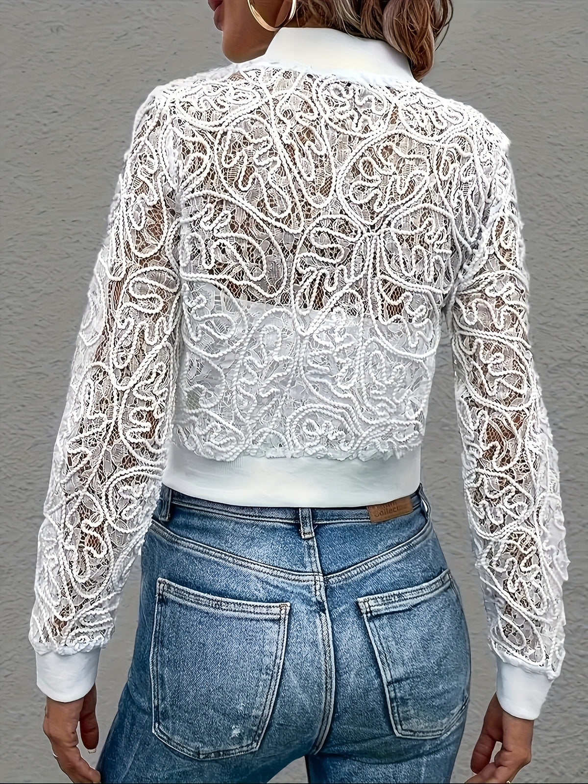 Sheer Lace Cropped Bomber Jacket - White - 1