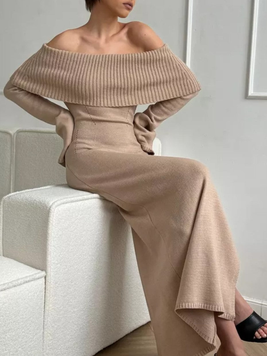 Off Shoulder Foldover Knit Maxi Dress - Taupe