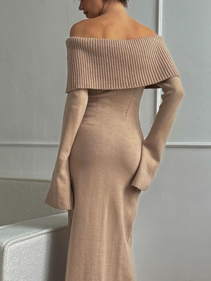 Off Shoulder Foldover Knit Maxi Dress - Taupe - 2