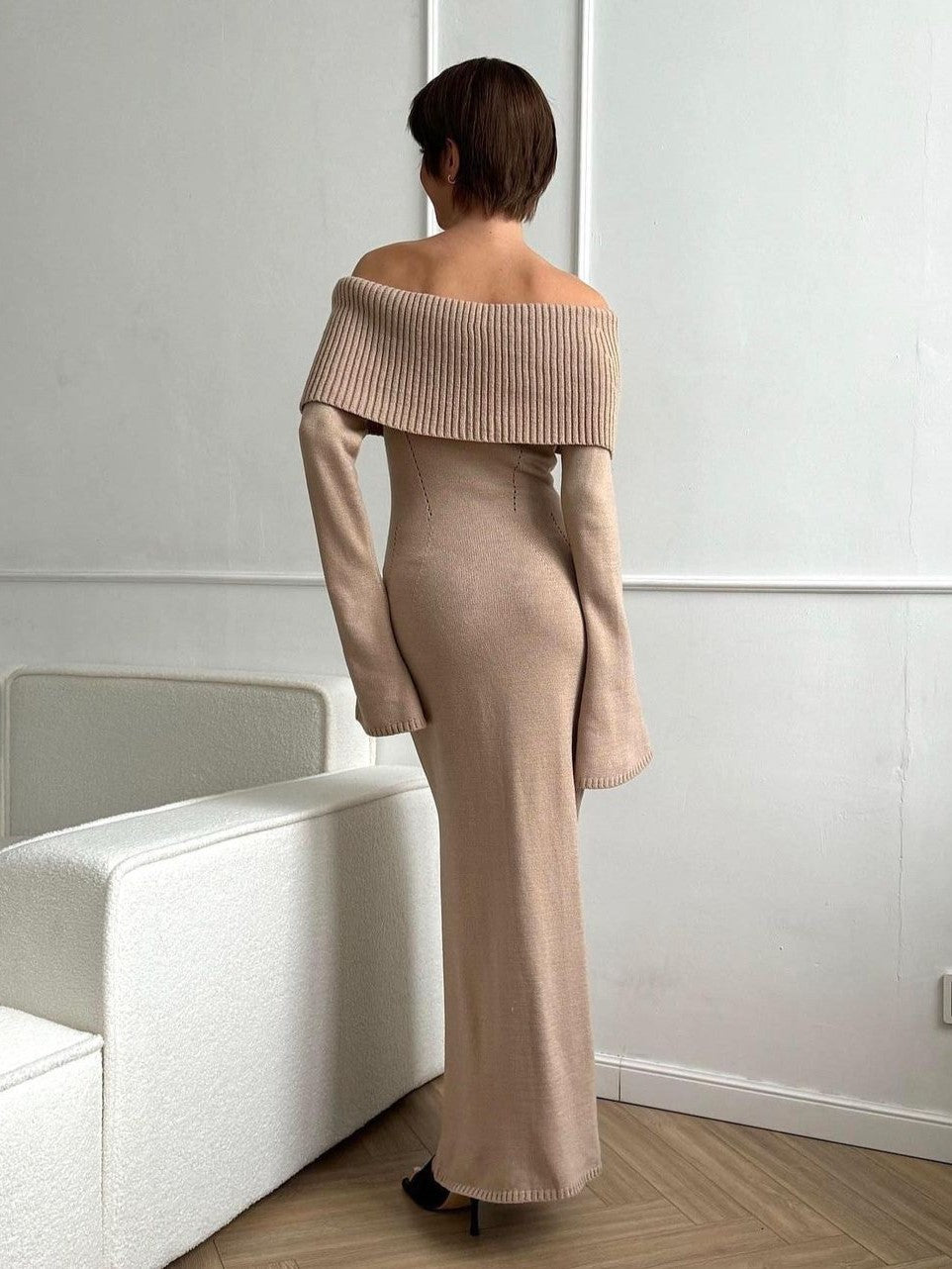 Off Shoulder Foldover Knit Maxi Dress - Taupe - 3