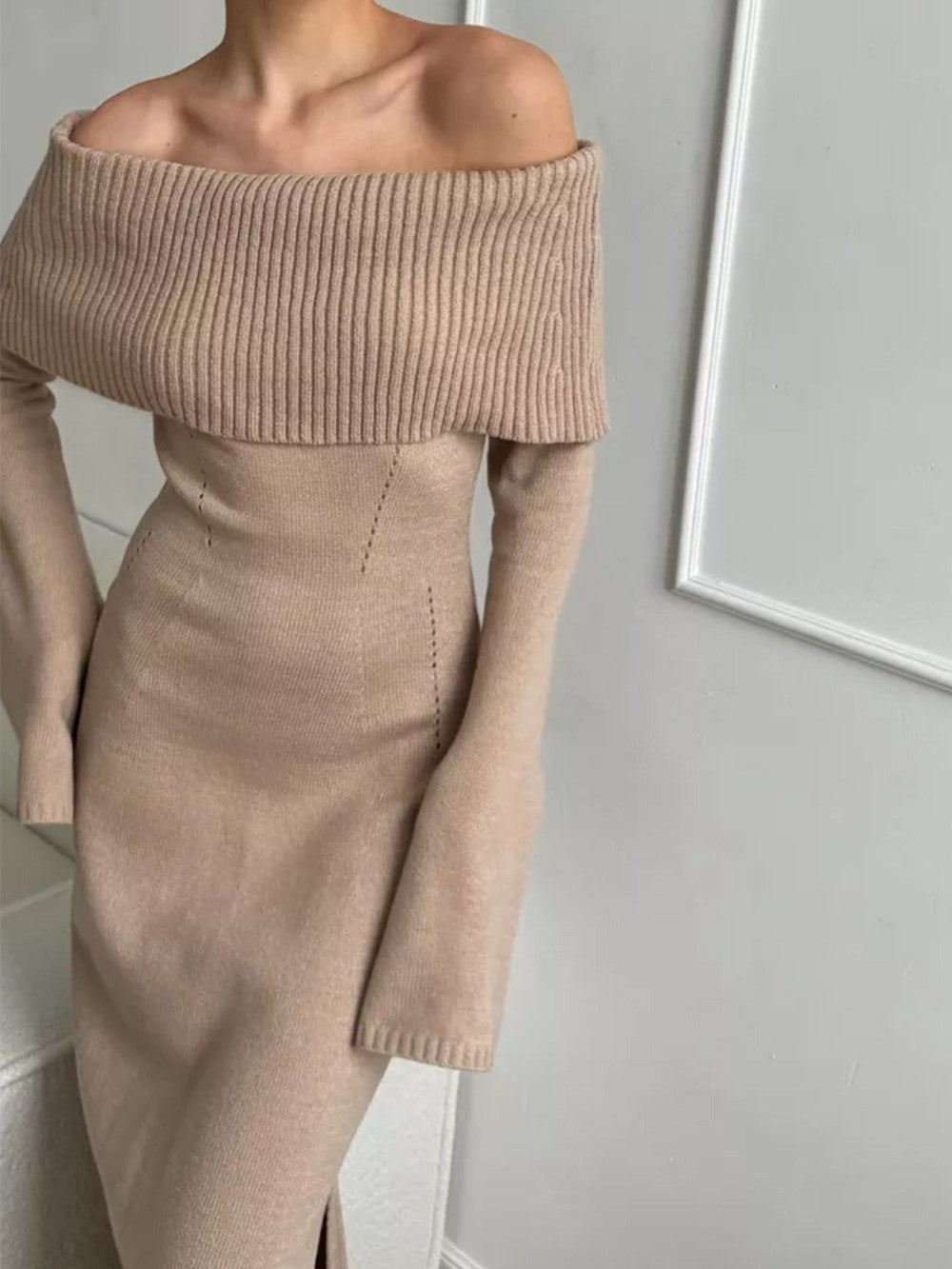 Off Shoulder Foldover Knit Maxi Dress - Taupe - 4
