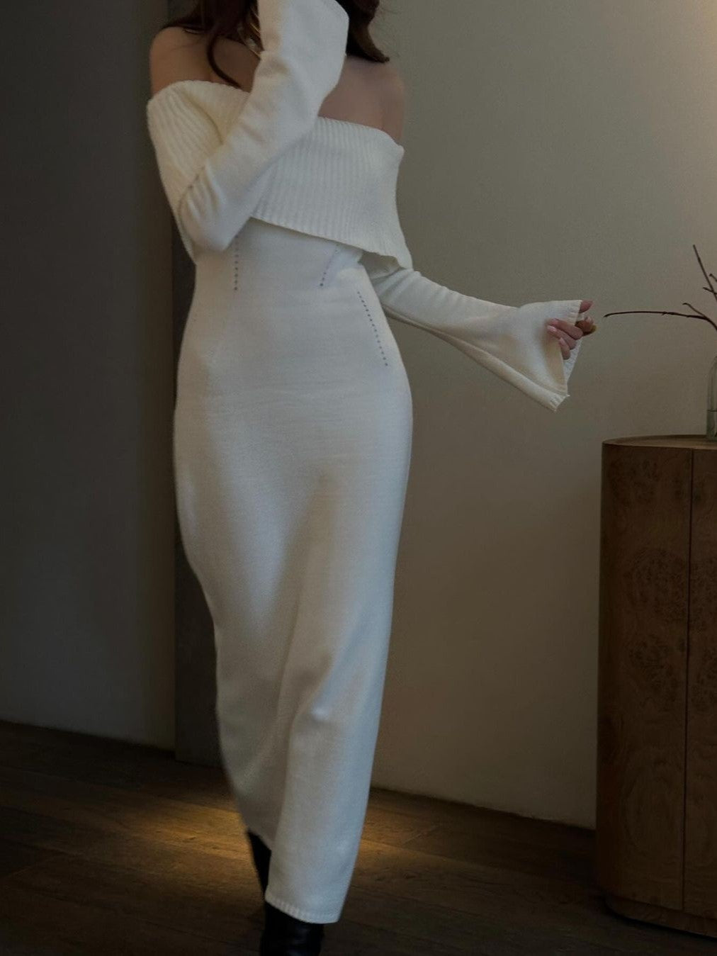 Off Shoulder Foldover Knit Maxi Dress - White - 1