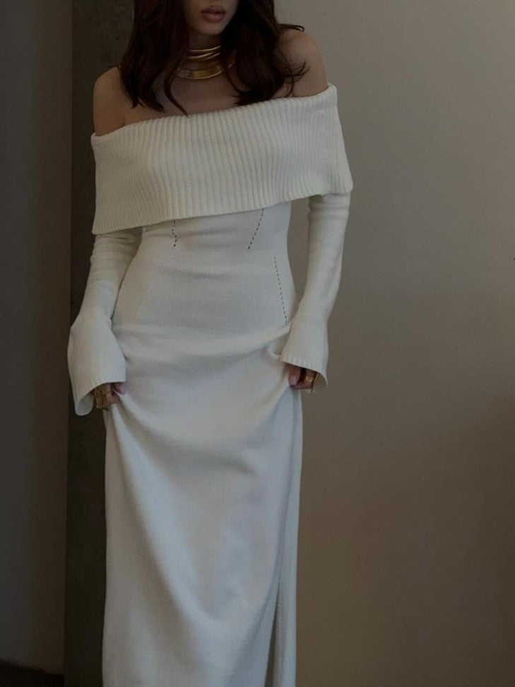 Off Shoulder Foldover Knit Maxi Dress - White - 2