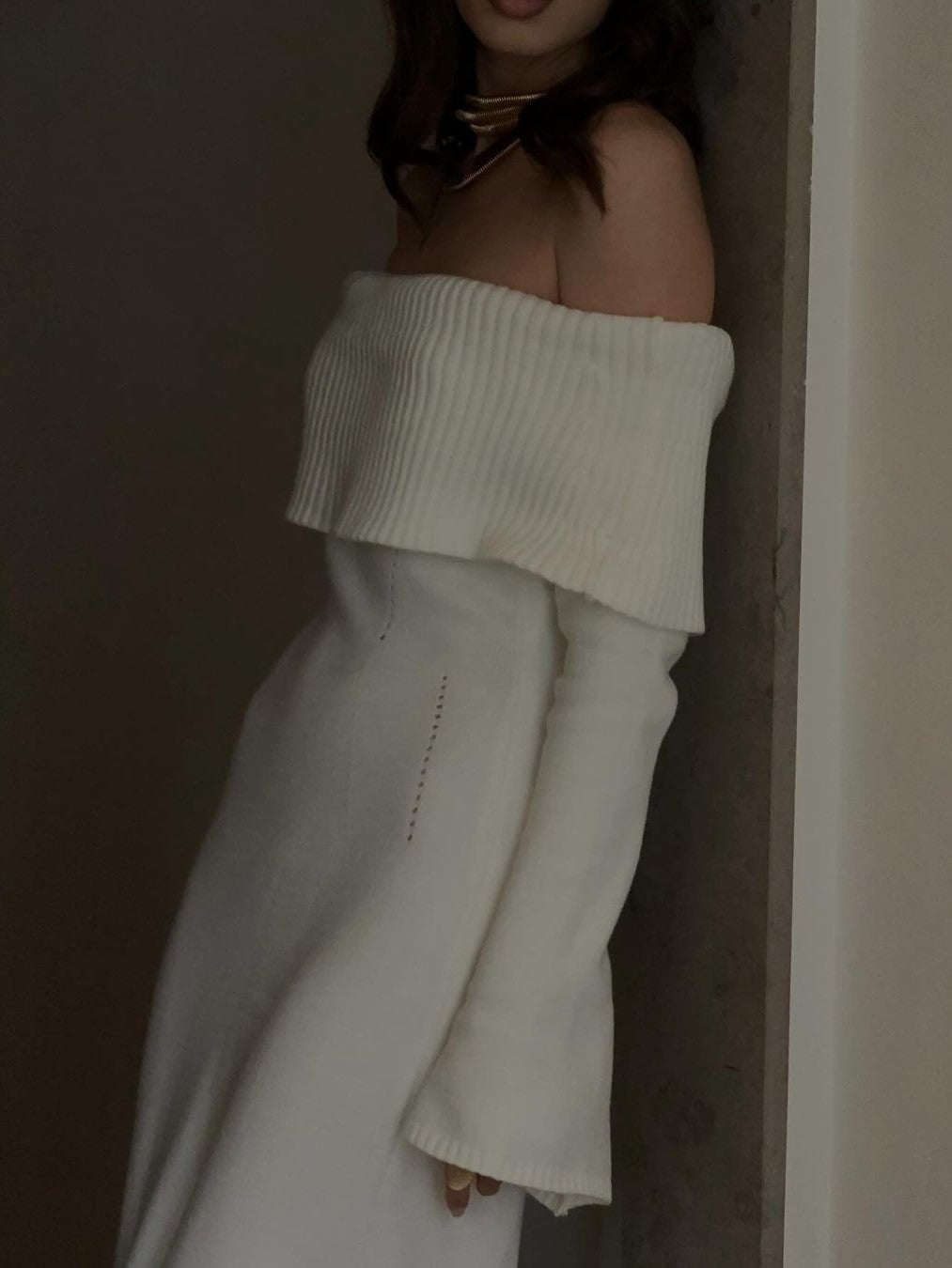 Off Shoulder Foldover Knit Maxi Dress - White - 3