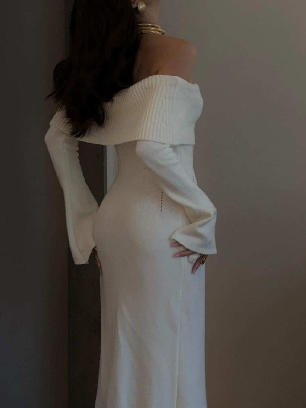 Off Shoulder Foldover Knit Maxi Dress - White - 4