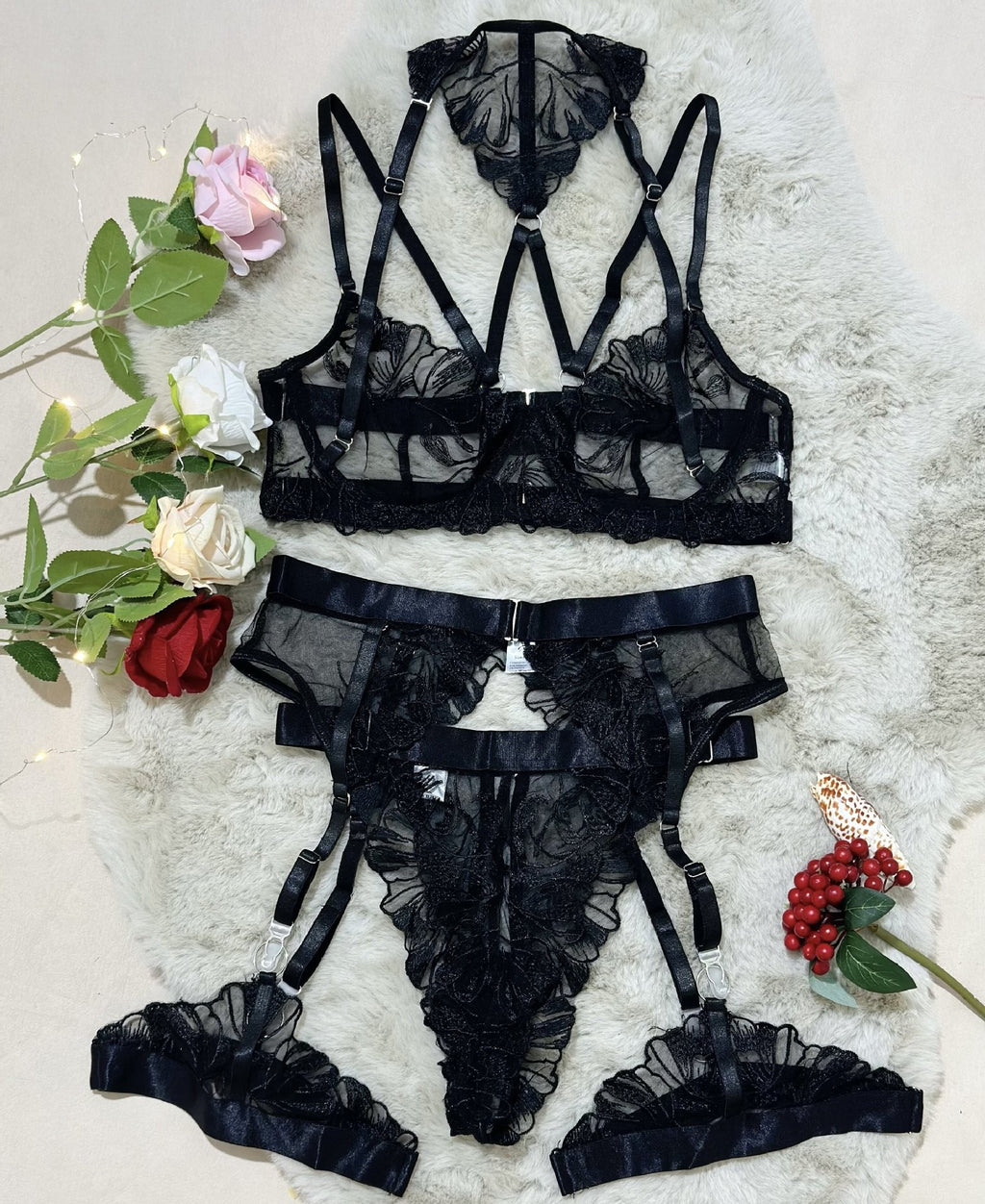 Embroidered Sheer Mesh Strappy Halter Garter Set - Black
