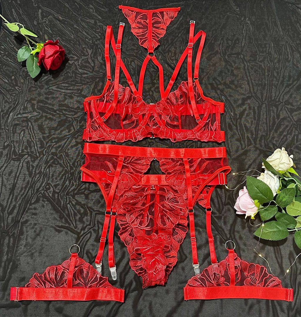Embroidered Sheer Mesh Strappy Halter Garter Set