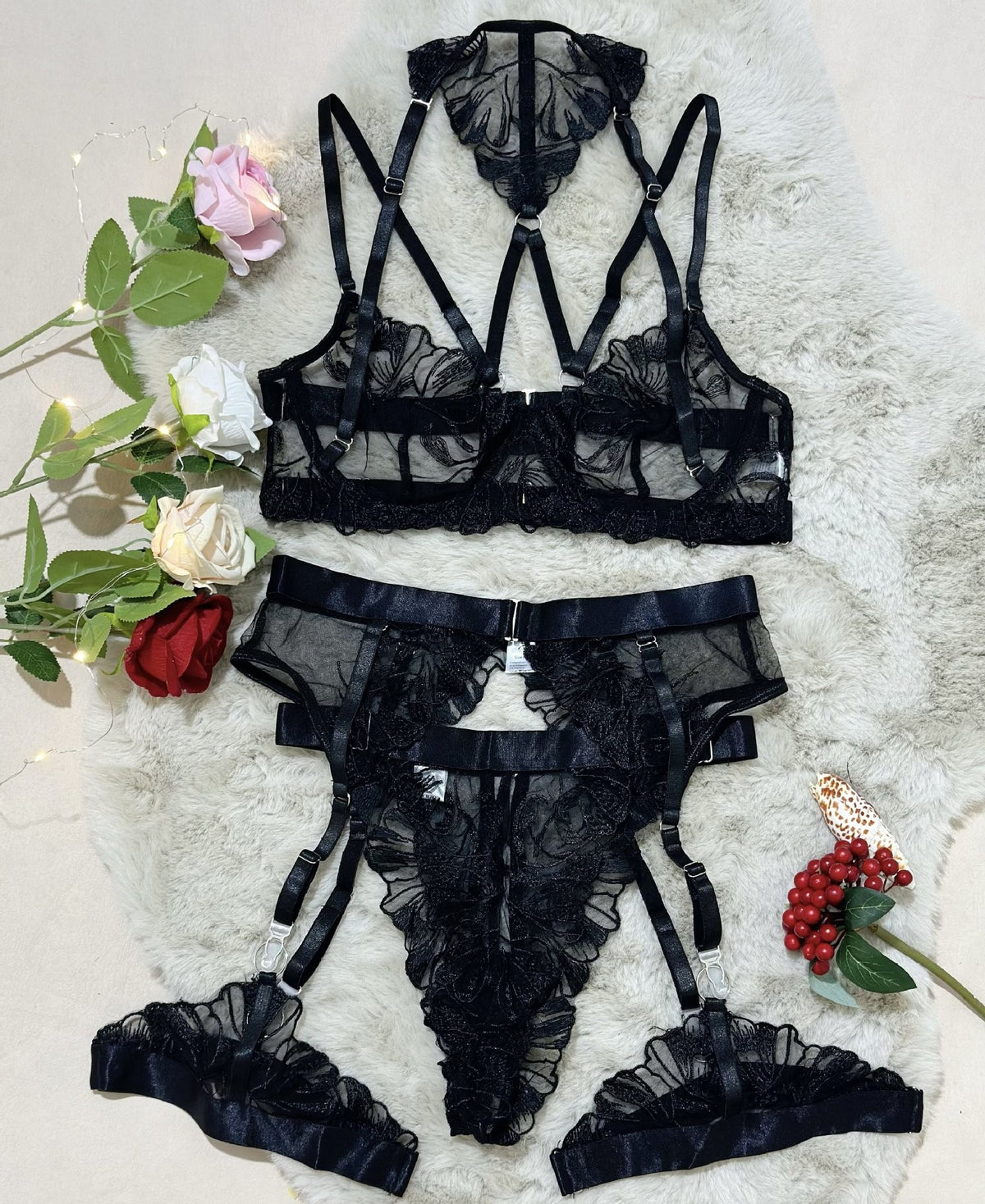 Embroidered Sheer Mesh Strappy Halter Garter Set