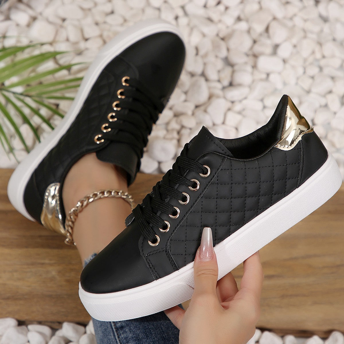 Quilted Faux Leather Lace-Up Low Top Sneakers