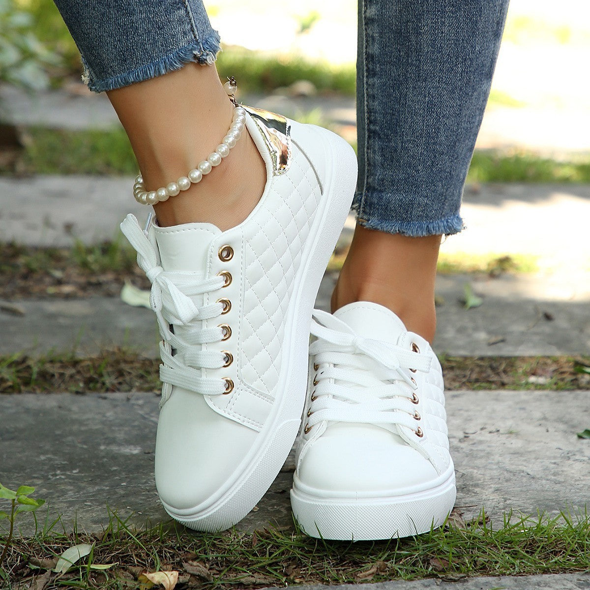 Quilted Faux Leather Lace-Up Low Top Sneakers