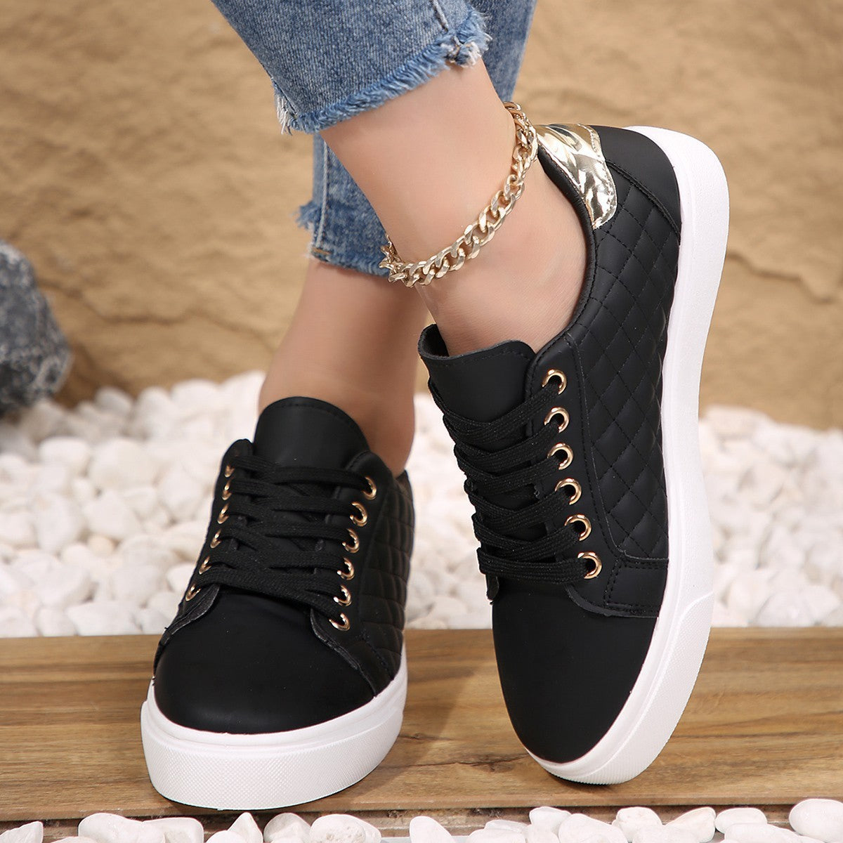 Quilted Faux Leather Lace-Up Low Top Sneakers