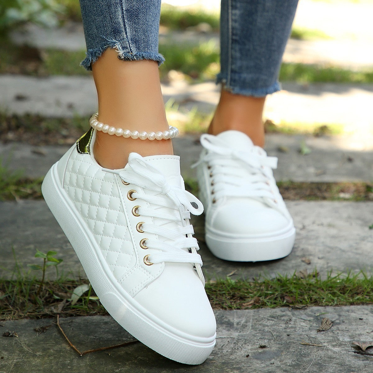 Quilted Faux Leather Lace-Up Low Top Sneakers