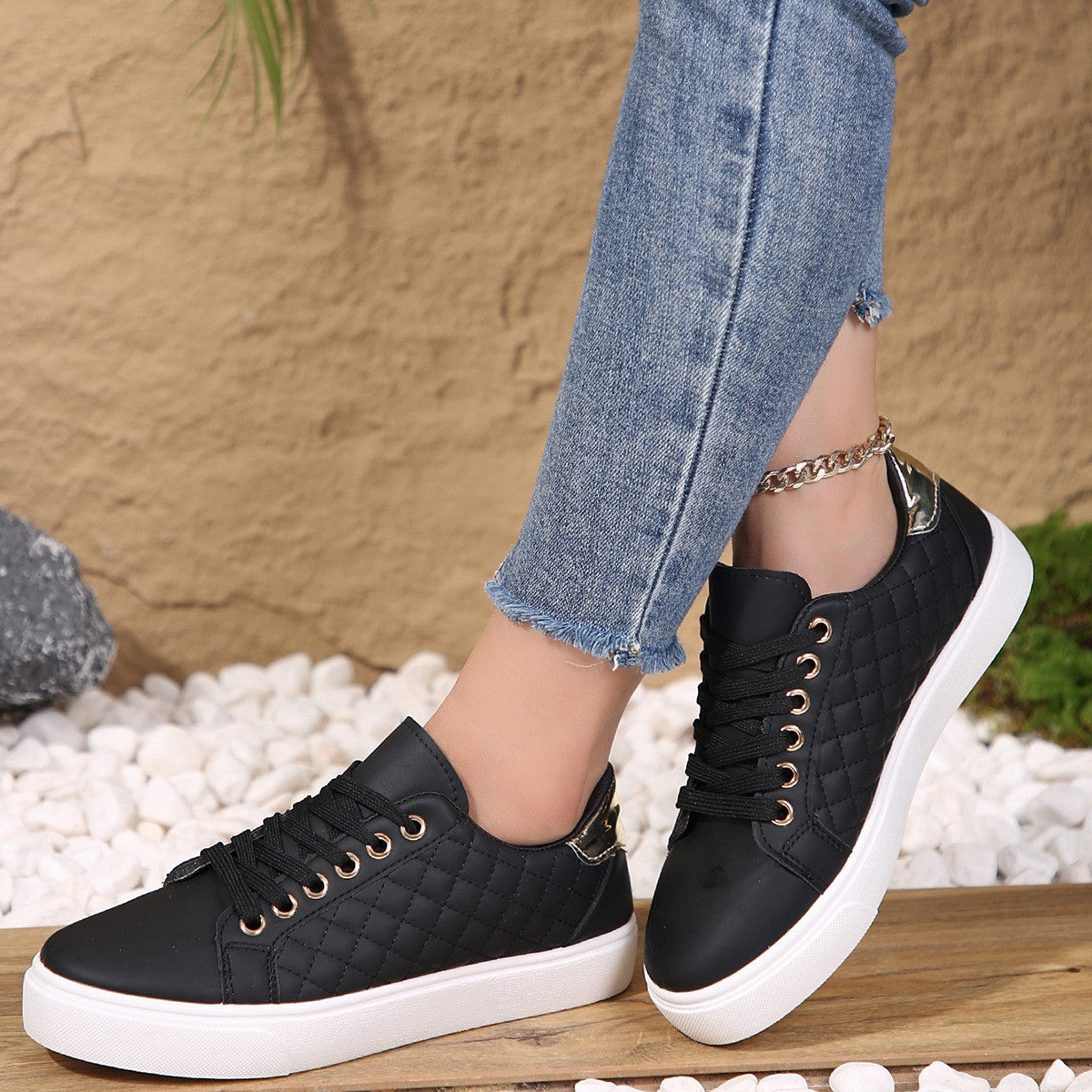 Quilted Faux Leather Lace-Up Low Top Sneakers